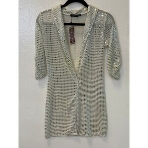 NWT Boohoo Metallic Sequin Blazer Mini‎ White Silver Bodycon Cocktail Dress Sz 6